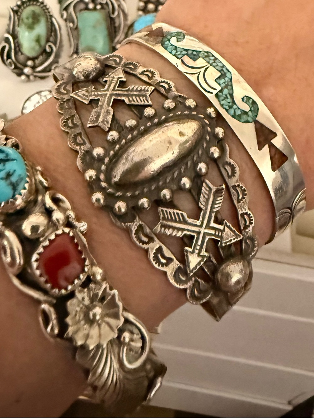 Native Sterling Silver genuine Turquoise and Coral Floral Bracelet/ cuff - Picture 4 of 4
